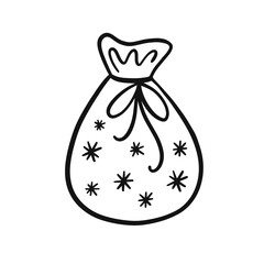 Santa bag doodle sketch, Christmas line art vector illustration