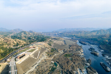Panoramic view of Narmada river, surrounding hills and Sardar Sarovar Dam from the observation deck of Statue of Unity