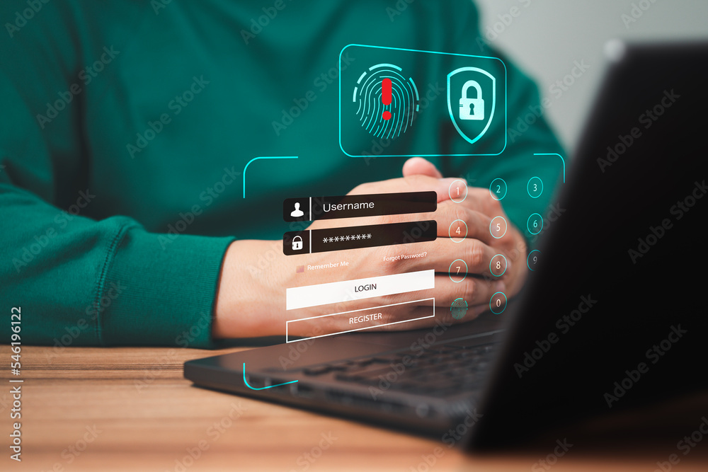 Fototapete Man typing login and password, cyber security concept, Secure encryption and access to the user's private information to access the Internet. Exclamation mark.