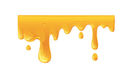 Melting gold amber honey wave. Sticky caramel syrup dripping, flowing down with streams and liquid sugar drops. Fluid molten candy. Flat graphic vector illustration isolated on white background