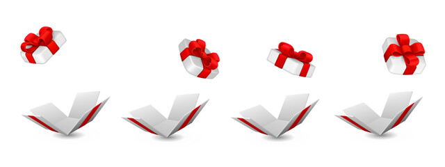 Set of open gift boxes with red ribbons and bows, isolated on white background.
