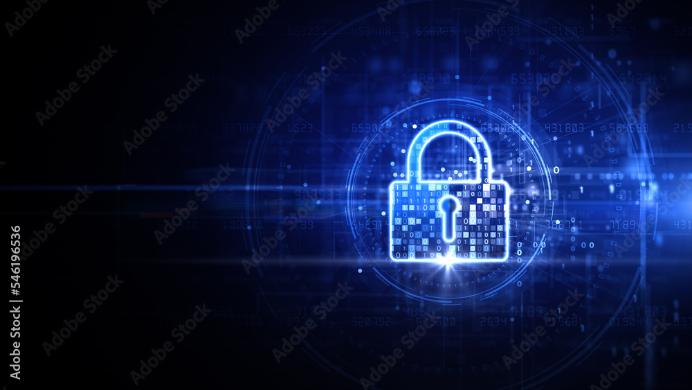Aufkleber digital data network protection, blue padlock icon cybersecurity, technology blockchain digital data