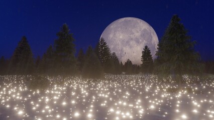 Night winter landscape of fairy coniferous forest, sparkling snow 3d render