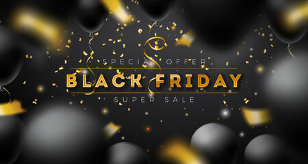 Black Friday Sale Illustration with Golden Lettering and Party Balloon on Dark Background. Vector New Year and Christmas Design Template for Greeting Card, Flyer, Banner, Celebration Poster or Party