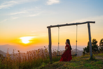 A woman sitting on a swing contemplating the sunset