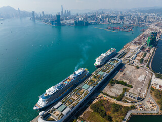 Top view of Cruise terminal building in Hong Kong city