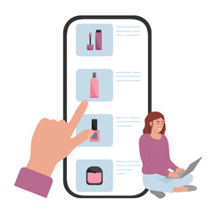 Online cosmetics store. A girl chooses beauty products using a mobile application. Flat style. Vector
