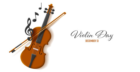 Fototapeta na wymiar Violine day poster with realistic cartoon violine and volume clef and notes