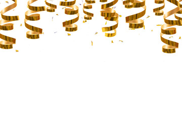 Golden shiny spirals, streamers and confetti on a red background with place for text. Festive...