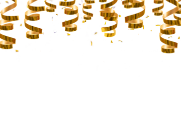 Golden shiny spirals, streamers and confetti on a red background with place for text. Festive christmas background