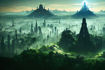 Naklejka premium An enormous Green labyrinth, Beautiful Solarpunk architecture, greenery vertical gardens. Fantasy Future Art Background. For AD, WEB, UI, Game, Novel, Poster.