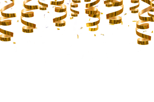 Golden shiny spirals, streamers and confetti on a red background with place for text. Festive christmas background