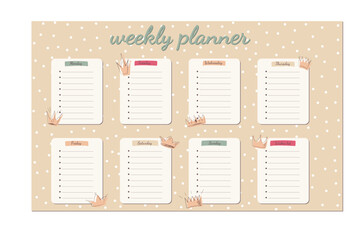 girly weekly planner with dots pattern and doodle crowns