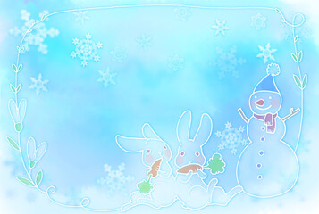 ウサギと雪だるまの線画と水彩調の雪の結晶フレーム