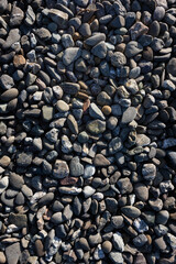High angle, overhead view of small, sunlit stones on a pedestrian path