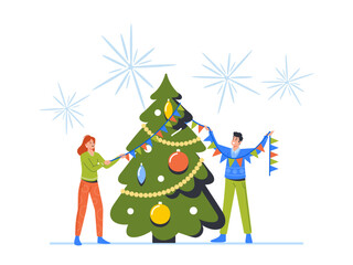 Christmas and New Year Holiday Celebration Concept. Happy People Decorate Tree Together Cartoon Vector Illustration