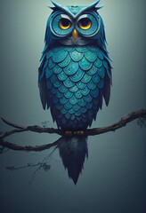 Anthropomorphic blue owl with big yellow eyes, digital art.
