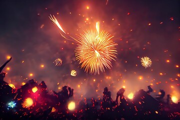 Obraz premium Abstract holiday celebration background. - Fireworks at New Year and copy space. Colorful firework wallpaper.