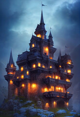 Carved fantasy castle at night, light in the windows, digital art.