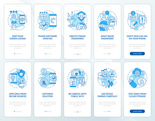 Smartphone security tips blue onboarding mobile app screen set. Walkthrough 5 steps editable graphic instructions with linear concepts. UI, UX, GUI template. Myriad Pro-Bold, Regular fonts used