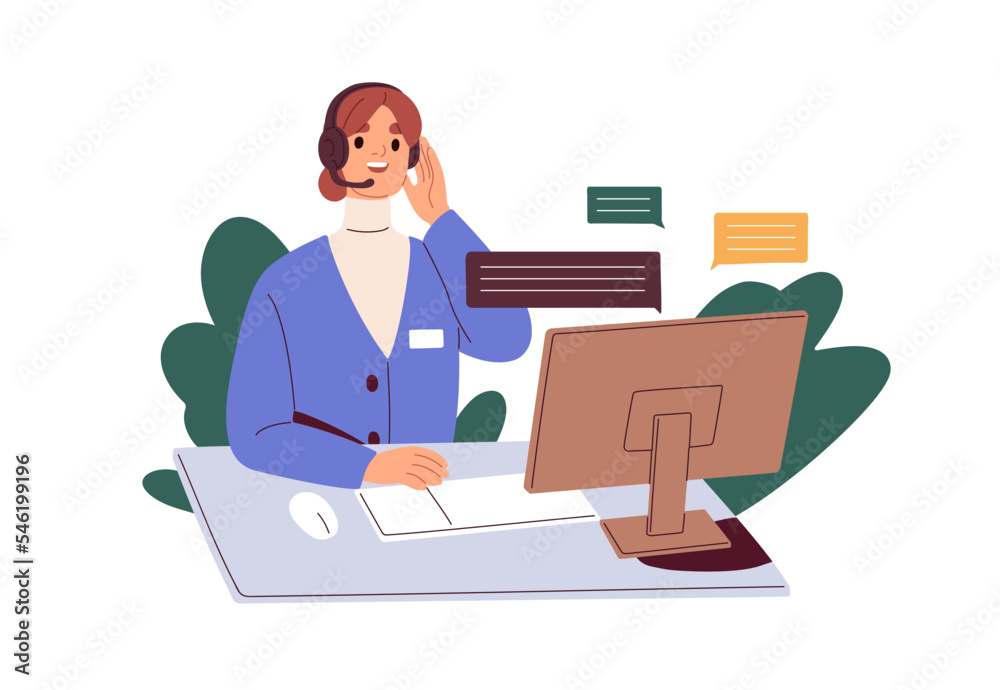 Poster Call center operator works at computer. Woman in headset at customer help and support service. Online assistant, consultant in head set. Flat graphic vector illustration isolated on white background