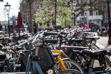 Amsterdam, Holland, and the typical bicycle-invaded streets.