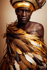 Epic African man in golden feathers.