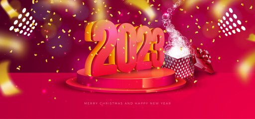 Happy New Year 2023 Illustration with 3d Number on Podium and Falling Confetti on Red Background. Vector Christmas Holiday Season Design for Flyer, Greeting Card, Banner, Celebration Poster, Party