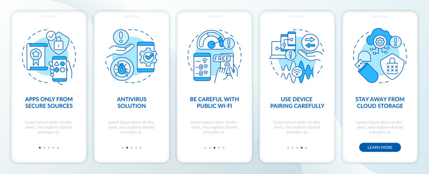 Smartphone safety tips blue onboarding mobile app screen. Security walkthrough 5 steps editable graphic instructions with linear concepts. UI, UX, GUI template. Myriad Pro-Bold, Regular fonts used