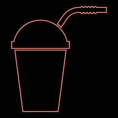 Neon closed container for hot cold drinks with straw red color vector illustration image flat style