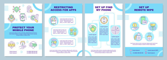 Protect your mobile phone turquoise brochure template. Leaflet design with linear icons. Editable 4 vector layouts for presentation, annual reports. Arial-Black, Myriad Pro-Regular fonts used