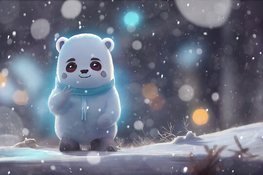 Picture of cute cartoon polar bear in winter landscape