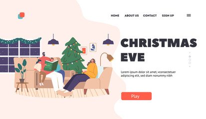 Christmas Eve Landing Page Template. Happy Family Characters Parents and Kids Reading Stories. Mom, Dad and Children