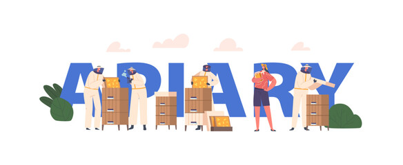 Apiarist Characters Extract Honey At Apiary Concept. Beekeepers In Protective Outfit Taking Honeycomb, Smoke Frames