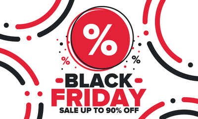 Black Friday. Sale up to 90% off. Biggest sale of the year. Special offer banner. Holiday shopping in United States. Super season deal in November. Discount badge. Creative vector template
