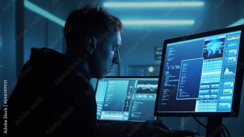 Wall mural computer hacker in hoodie. obscured dark face. hacker attack, virus infected software, dark web and 