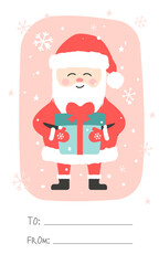 New Year's card a tag for congratulations to add to the package with a signature from the donor with Santa Claus holding the gift