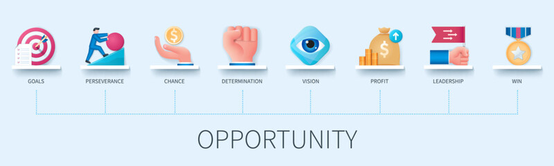 Opportunity banner with icons. Goals, perseverance, chance, determination, vision, profit, leadership, win. Business concept. Web vector infographic in 3D style © Genestro