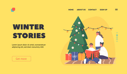 Winter Stories Landing Page Template. Happy Kids Reading Fairy Tales at Christmas Eve. Boys and Girls Sit at Fir Tree