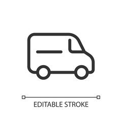Van pixel perfect linear ui icon. Small cargo automobile. Transportation service for customer. GUI, UX design. Outline isolated user interface element for app and web. Editable stroke. Arial font used