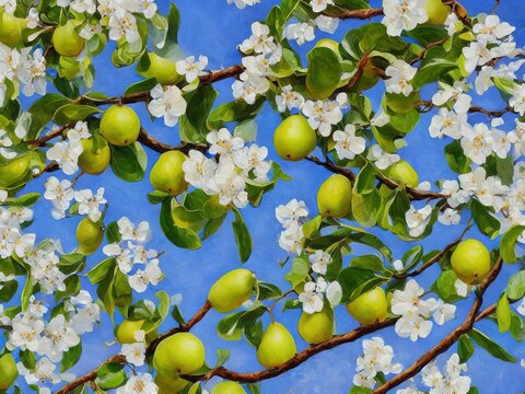 Anjou Pear Tree with Flowers – Tree Botanical Painting