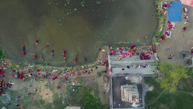 Aerial view of Chhath puja festival celebrated in the Indian states of Bihar, Uttar Pradesh, West Bengal, Jharkhand and also in the Nepal country, Chhath Mahaparv celebrated in the temple complex