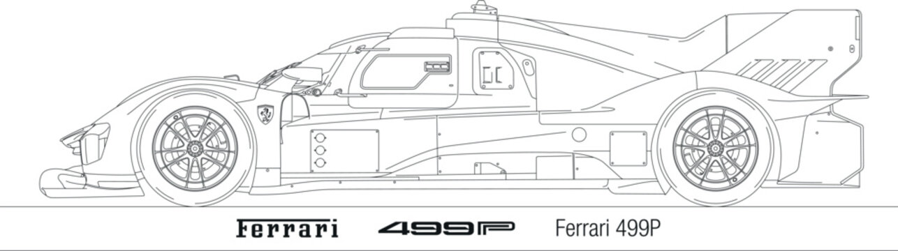 Italy, year 2022, new Ferrari 499P silhouette design, endurance world championship 2022 Le Mans, illustration