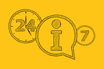 Information sign. Info icon and lettering 24-7 drawn on yellow background. 24-7 information support. Around the clock.