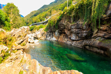 Naklejka premium View of the Verzasca river in Lavertezzo, Verzasca Valley, Ticino Canton, Switzerland