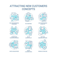 Attracting new customers turquoise concept icons set. Getting new clients for business thin line color illustrations. Isolated symbols. Editable stroke. Roboto-Medium, Myriad Pro-Bold fonts used