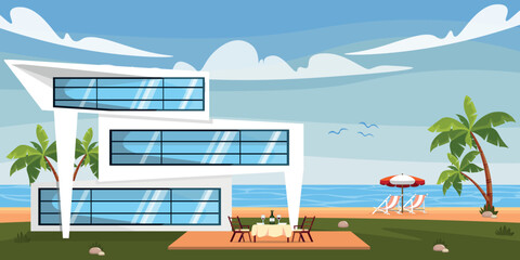 Vector illustration of a modern villa. Cartoon sea landscape with house by the sea, palm trees, table with wine, sun lounger with parasol.