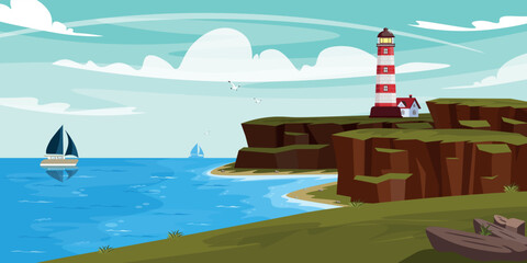 Vector illustration of coastal lighthouse. Cartoon sea landscape with lighthouse on the slope, sheer cliffs, ships in the sea, seagulls. - obrazy, fototapety, plakaty