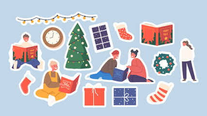 Set of Stickers Happy Kids Reading Fairy Tale Stories at Christmas Eve. Happy Boys and Girls, Decorated Fir Tree, Book
