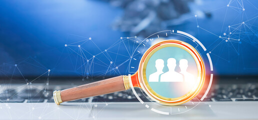 HRM or Human Resource Management, magnifying glass focus on manager icon, one of employee icons for recruitment leadership in human development and customer prospects concept
